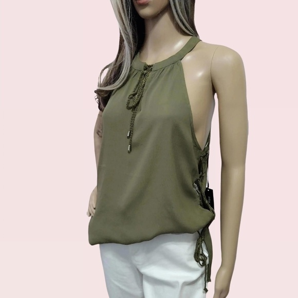 Doe & Rae Women's Dark Green Open Side Cut Out Halter Tank Top - Picture 1 of 10